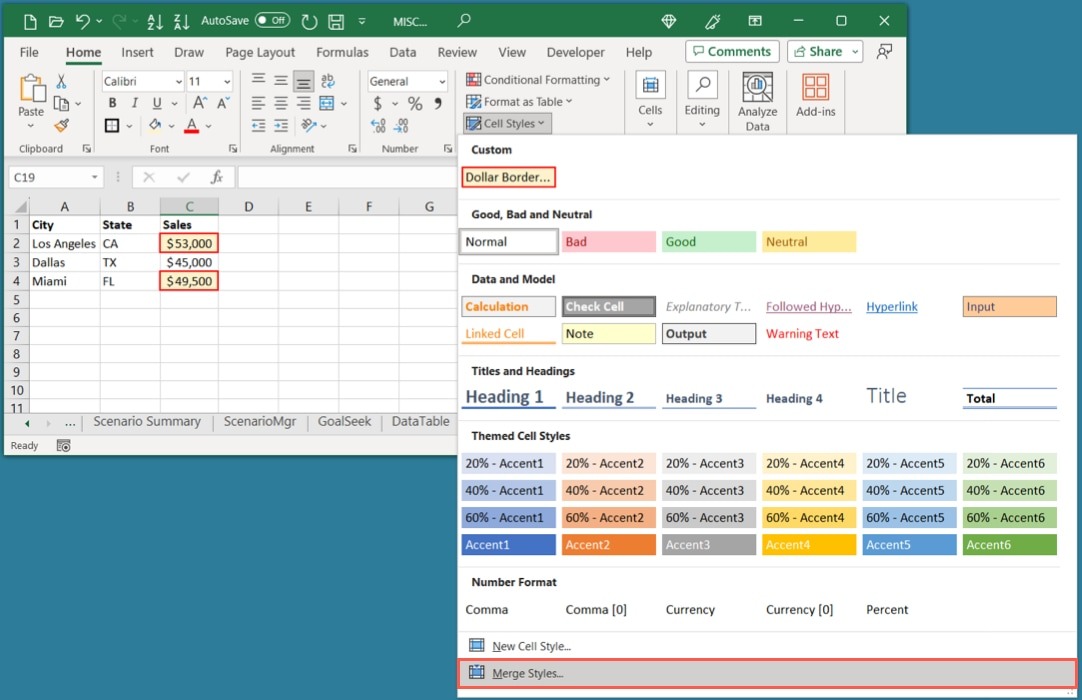 Merge Styles in the Cell Styles menu in Excel