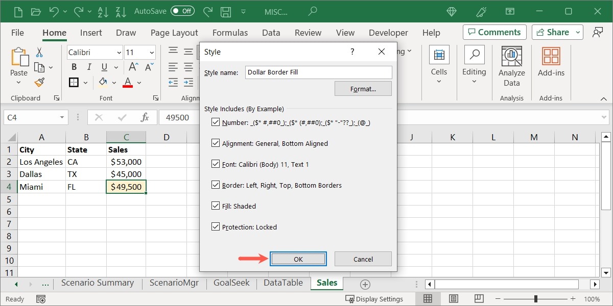 New Style box OK button in Excel