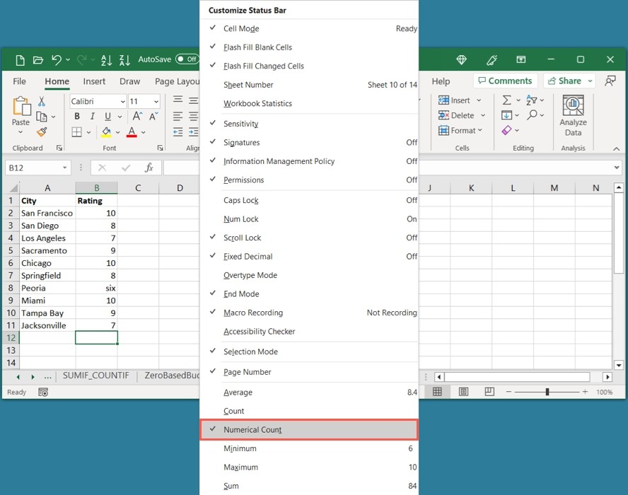 Numerical Count in the Excel Status Bar