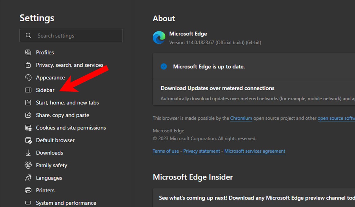 Clicking on the "Sidebar" option in Edge Settings. 