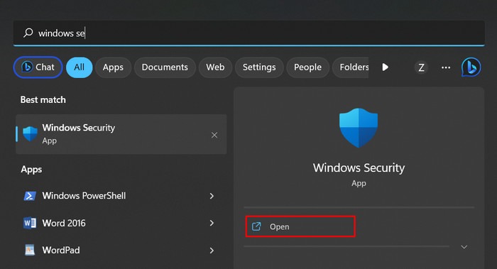 Typing "Windows Security" in Windows Search. 