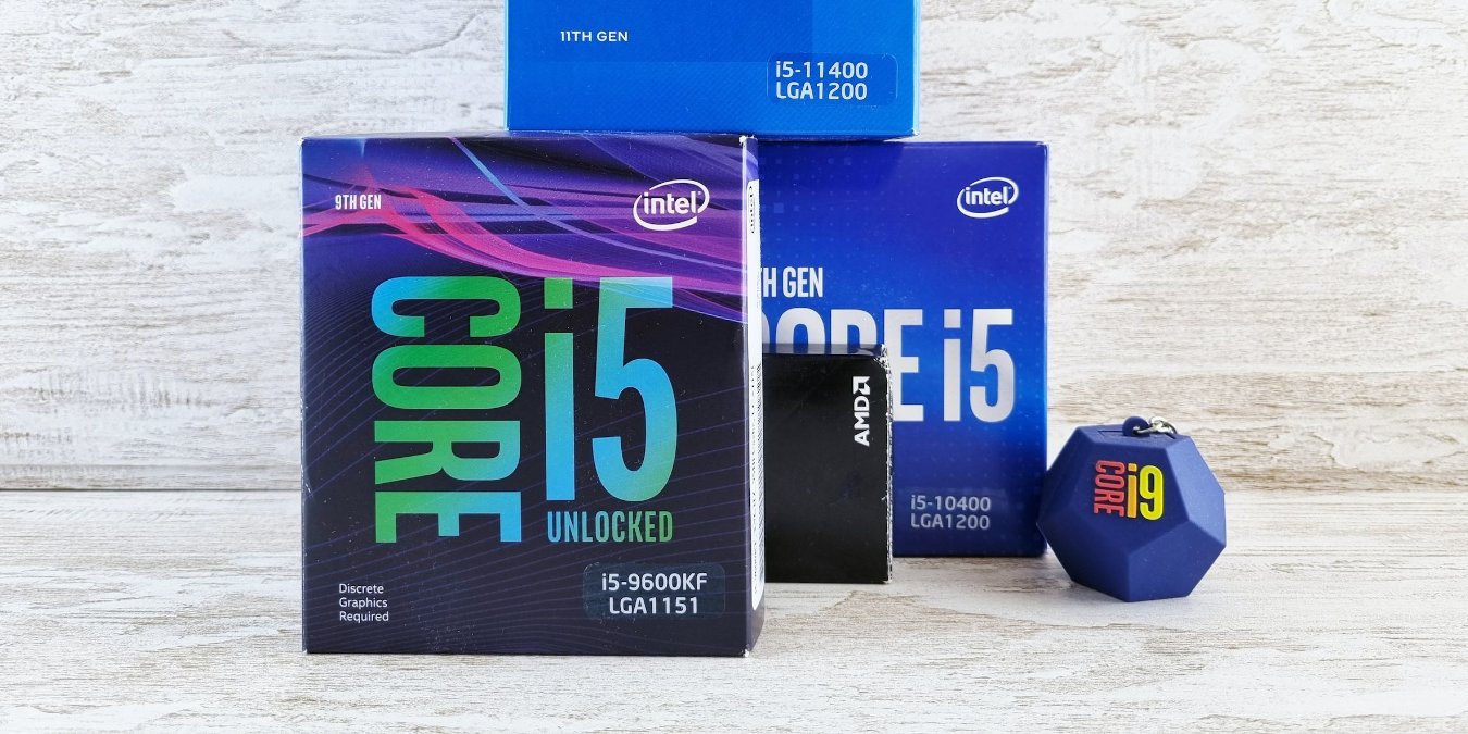 Intel CPU boxes on wooden background