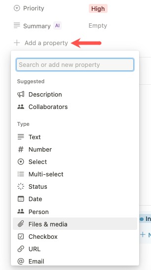 Project Add Property options in Notion