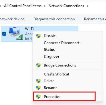 Right click on network name and select "Properties."