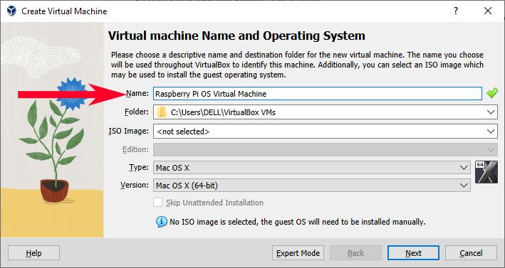 Raspberry Pi Os Create Virtual Machine Red Arrow On Name Textbox Raspberry Pi Os Virtual Machine