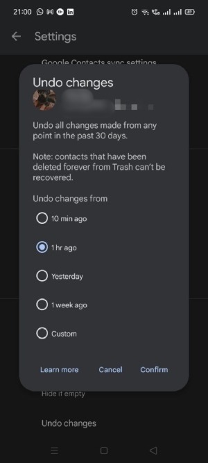 Selecting time frame to undo changes in Google Contacts app. 