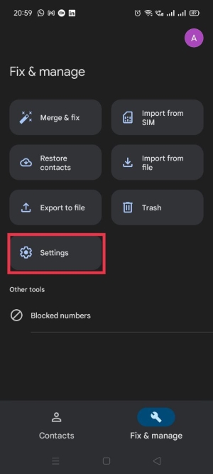 Clicking on Settings in Google Contacts app. 