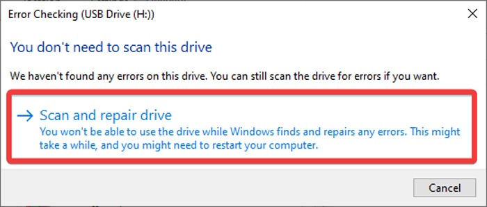 Clicking "Scan and repair drive" in Error Checking tool. 
