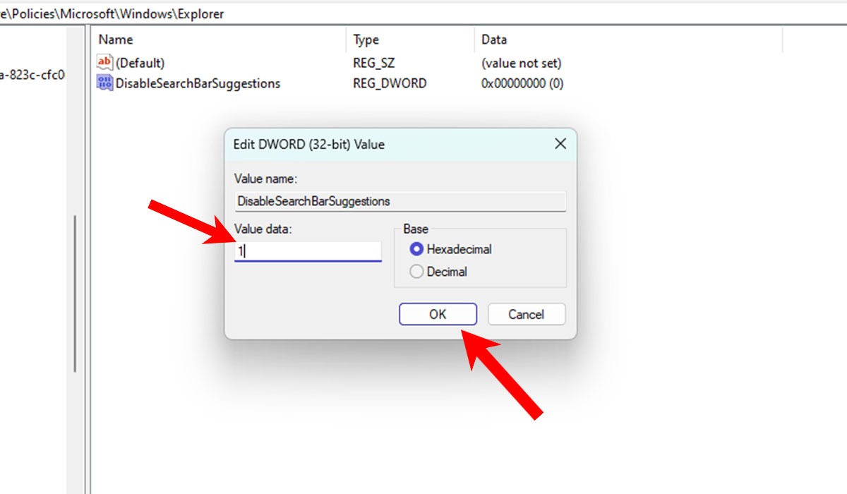 Setting a new value data for key in Registry Editor.