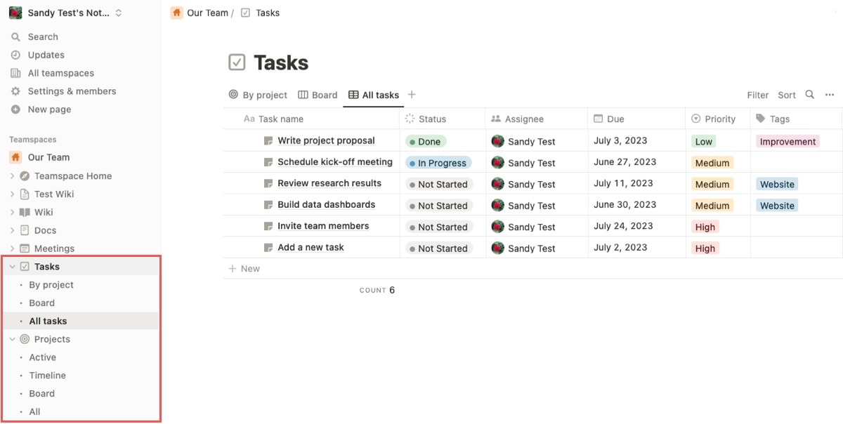 Tasks and Projects in the Notion sidebar