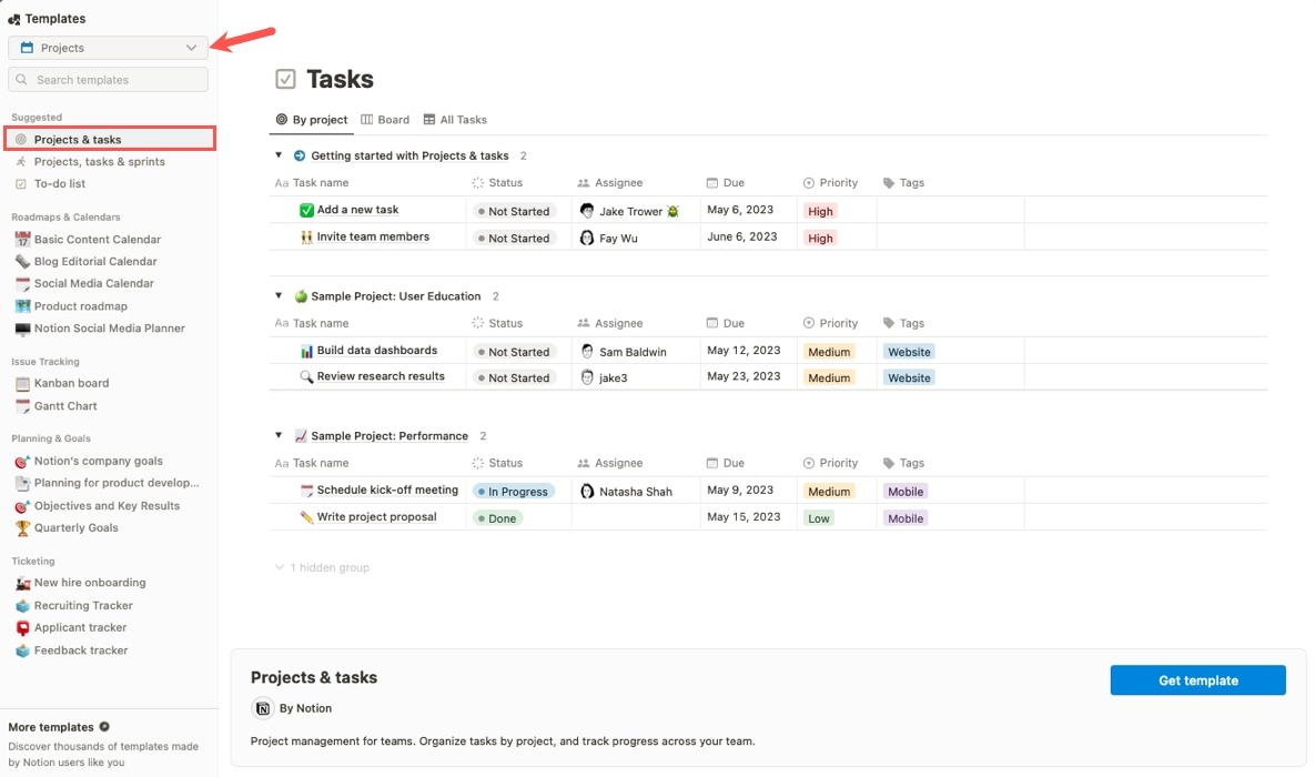 Projects and Tasks template