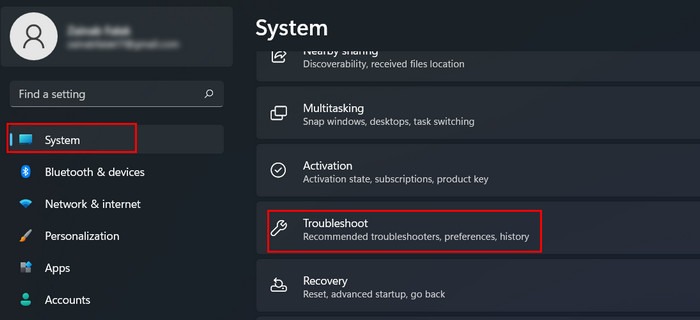 Click on the Troubleshoot option in Settings.
