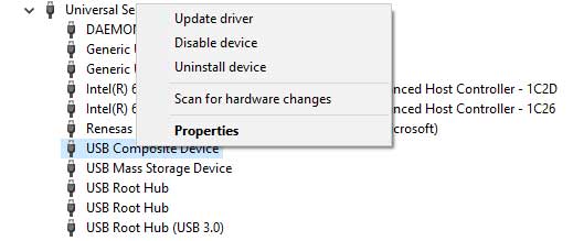 Uninstalling USB driver in Device Manager.