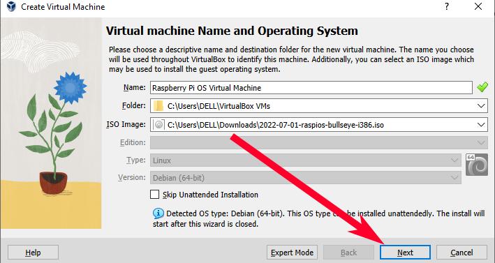 Virtualbox Raspberry Pi Os Create Virtual Machine Virtual Machine Name And Operating System Red Arrow On Next Button