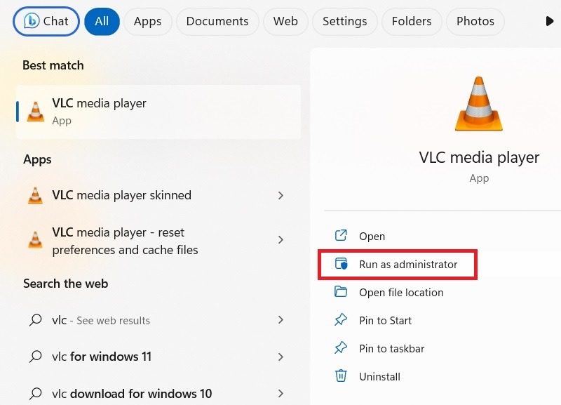 VLC media player app run as administrator. 