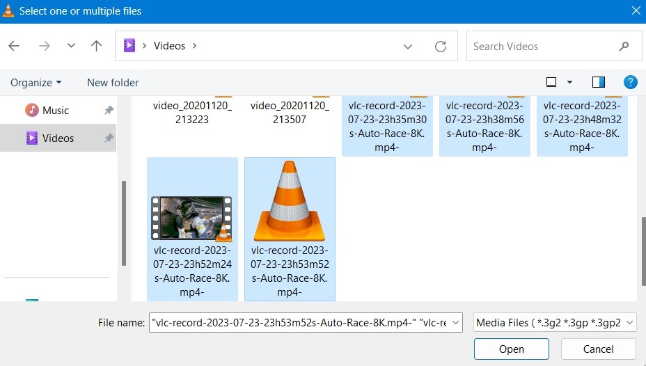 Select multiple files from Windows Computer folder to be inserted into VLC. 