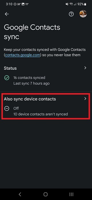 Selecting to "Also sync device contacts" in Android Settings.