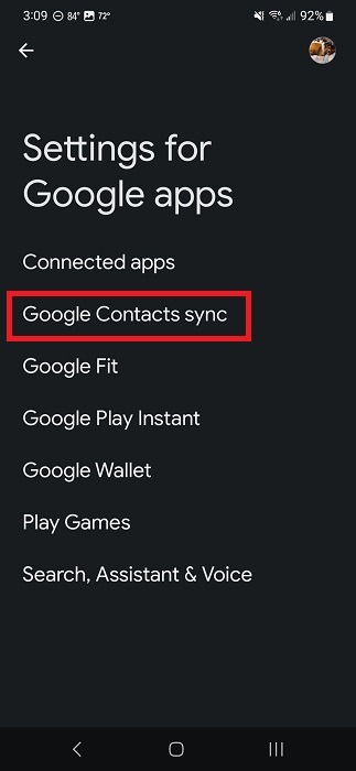 Opting for "Google Contacts sync" in Android Settings.