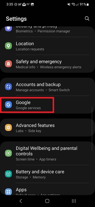Clicking on Google section in device Settings. 
