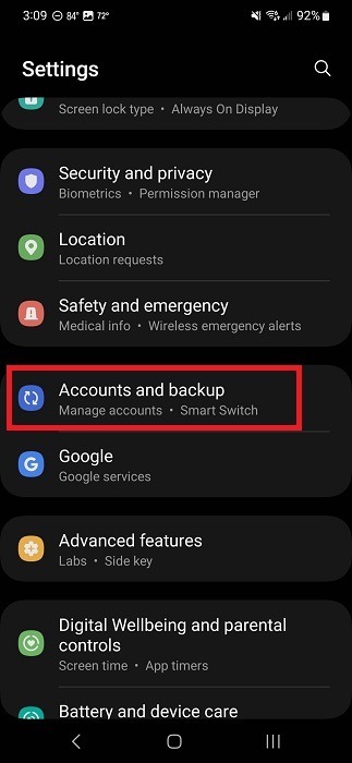 Tapping on "Accounts and backup" option in Samsung Settings app.