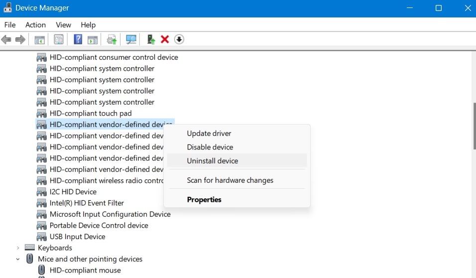 Right click to uninstall a driver in Device Manager. 