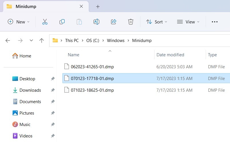 Dmp file location indicated in C\Windows\Minidump folder. 