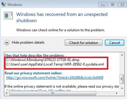 Minidump file location indicated in Windows Unexpected Shutdown error window. 