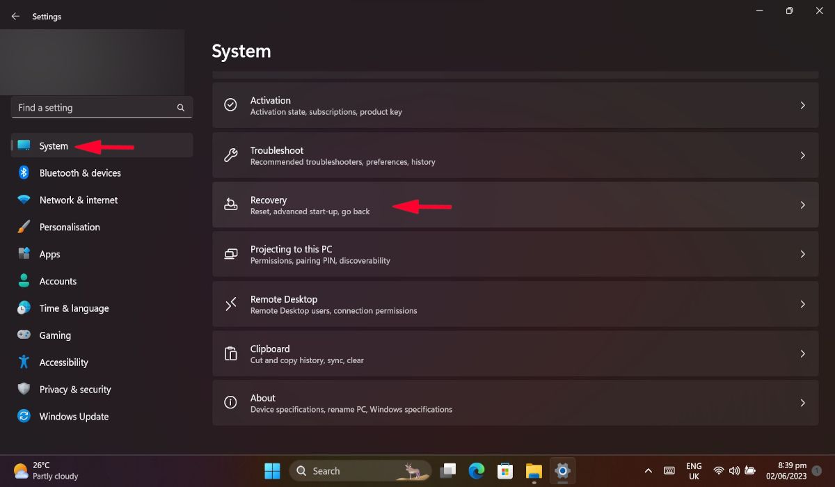 Clicking on "Recovery" under System in Windows Settings. 