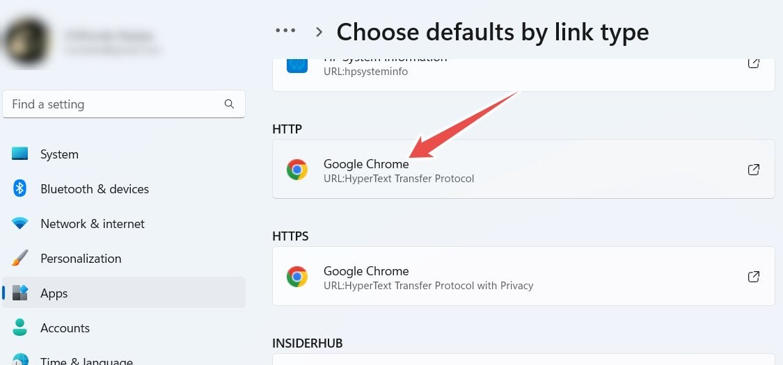 Clicking on "HTTP" option under "Choose defaults by link type" in Windows Settings.