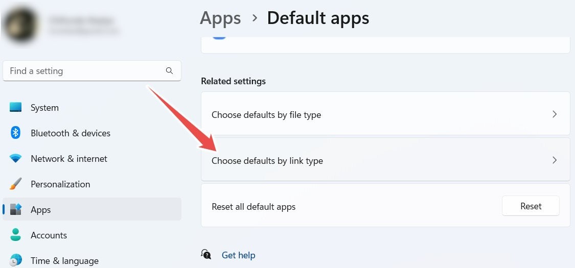 The "Choose default by link type" in Windows 11 settings.