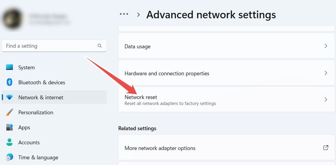 "Network reset" option in Windows 11 settings.