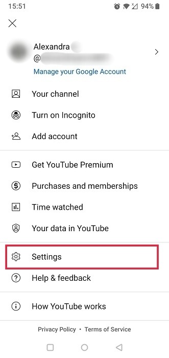 Selecting Settings from menu in YouTube app for Android.