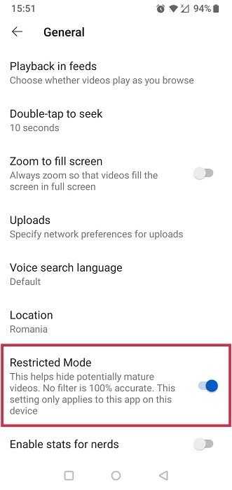 Tapping on "Restricted Mode" to toggle off option in YouTube app for Android.