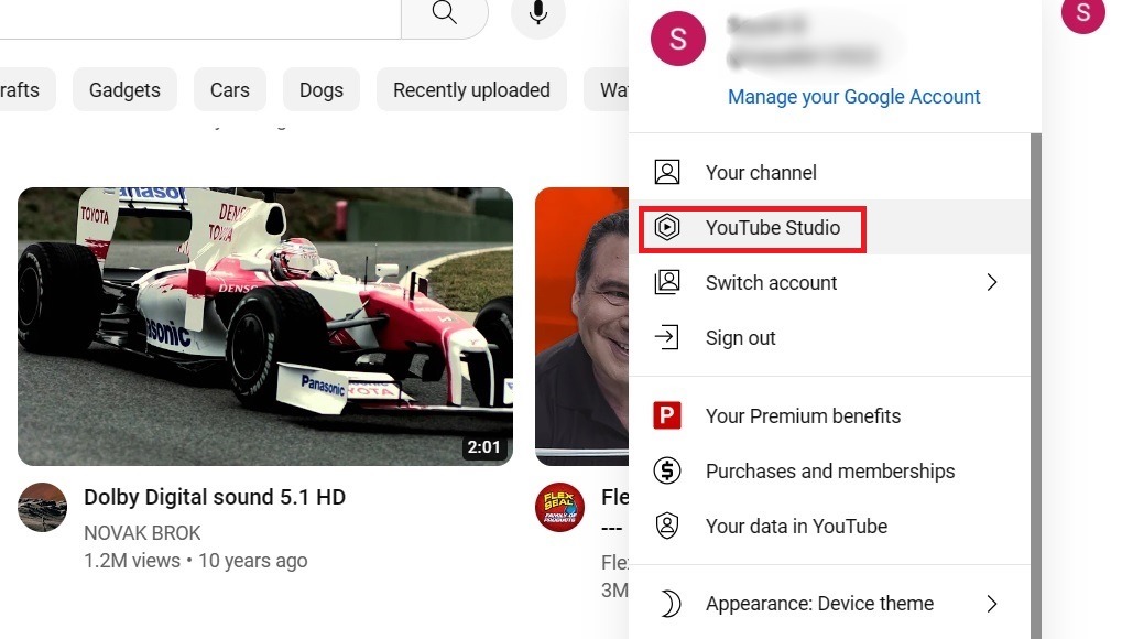 Select "YouTube Studio" on your YouTube account. 