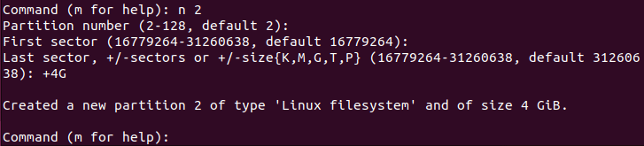 A terminal showing the output for the creation of the second partition in fdisk.