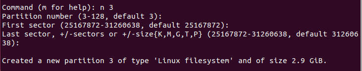 A terminal showing the output for the third partition creation process in fdisk.