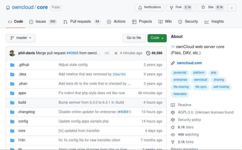 A screenshot of the ownCloud github page.