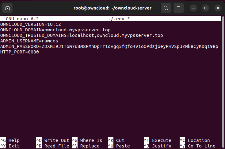 A terminal showing a simple ownCloud Docker Compose environment variables file.