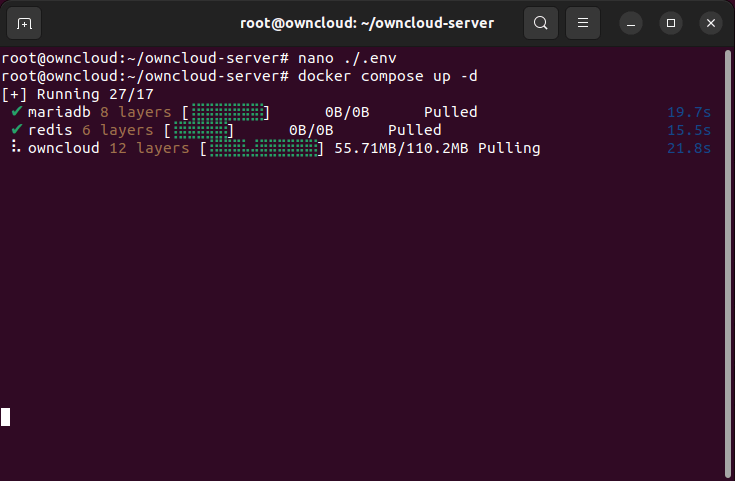 A terminal showing the process of building the Docker container for ownCloud.