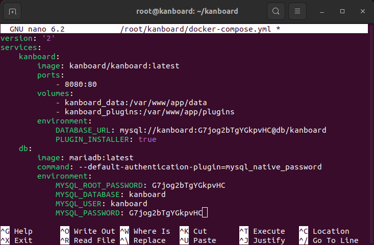 A terminal showing a working Docker compose file for Kanboard.