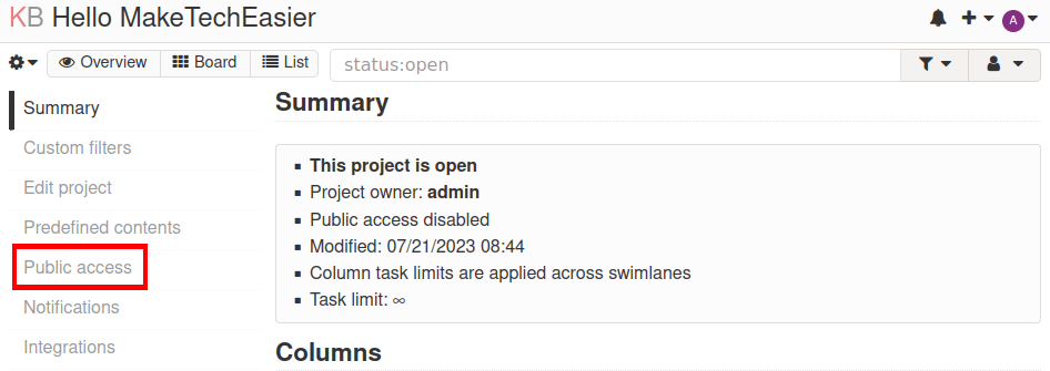 A screenshot highlighting the "Public Access" link for the Kanban board.