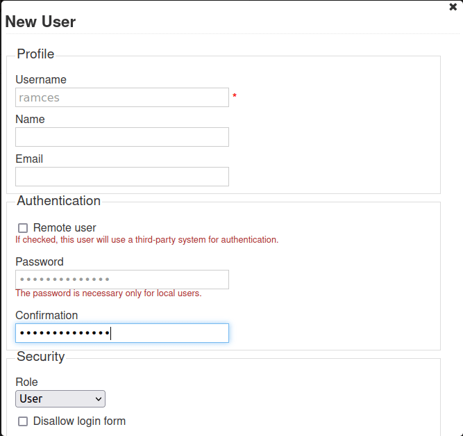 A screenshot showing the New User form in Kanboard.